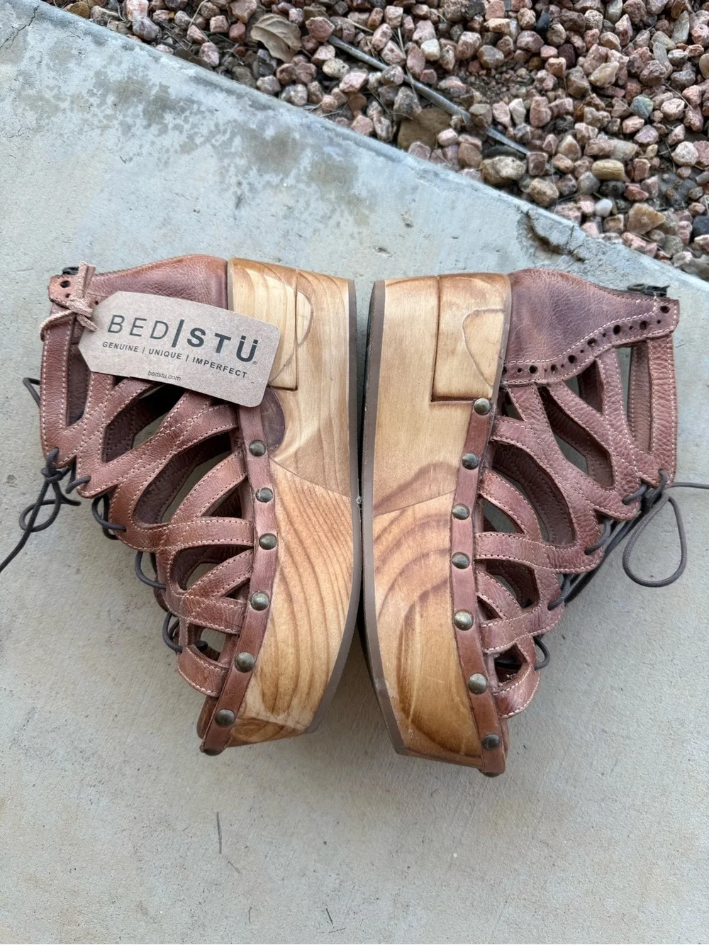 BedStu Brown Leather Lace-Up Wedge Sandals